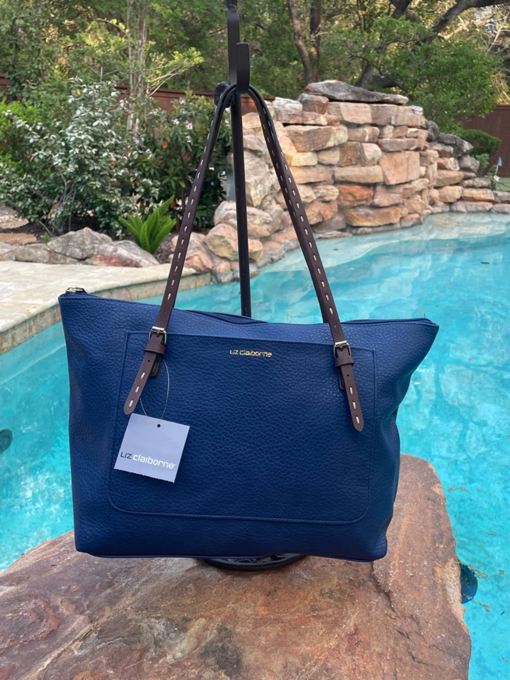 Liz Claiborne “Elizabeth” Navy Tote with Brown Strap Accents NWT (CSR)